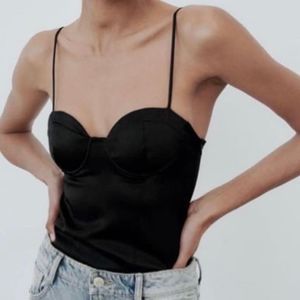 Zara satiny corset style bodysuit, black. Adjustable straps & snaps. Size S NWT